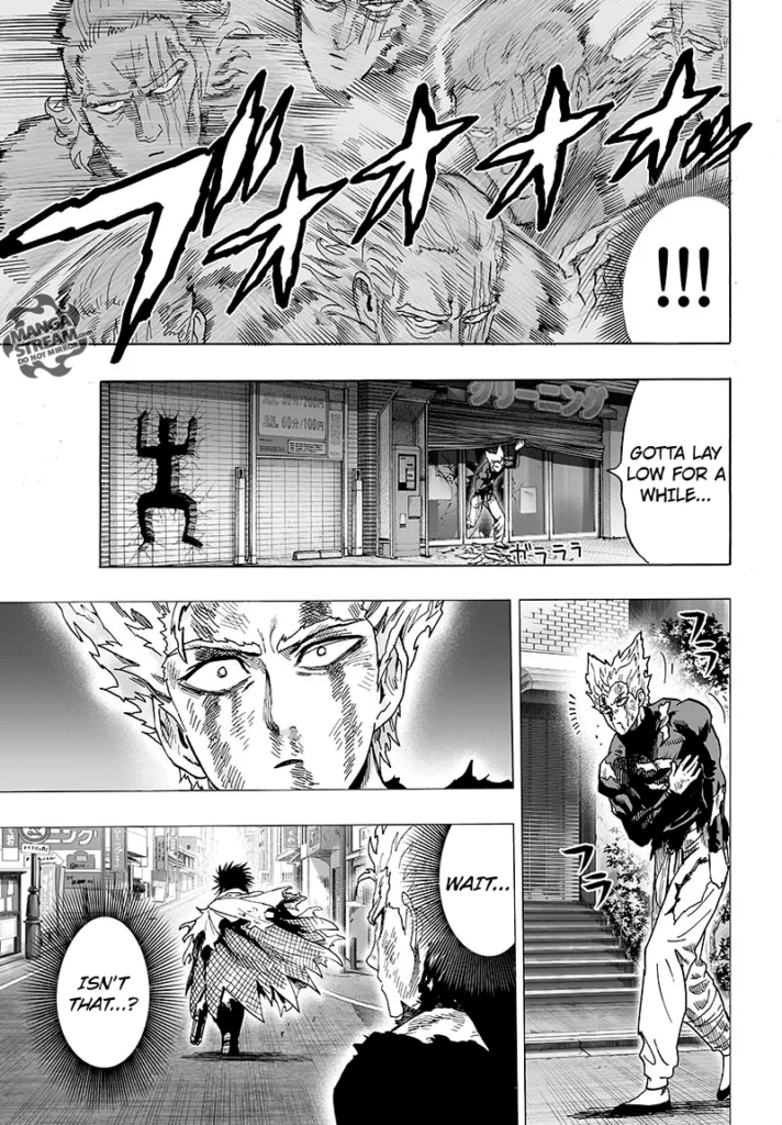 Garou remembers King's moves, gets out of the establishment, and sees someone walking.