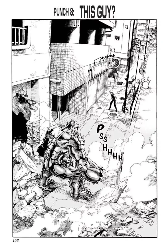 Genos and the robot cyborg faces off on the pavement.