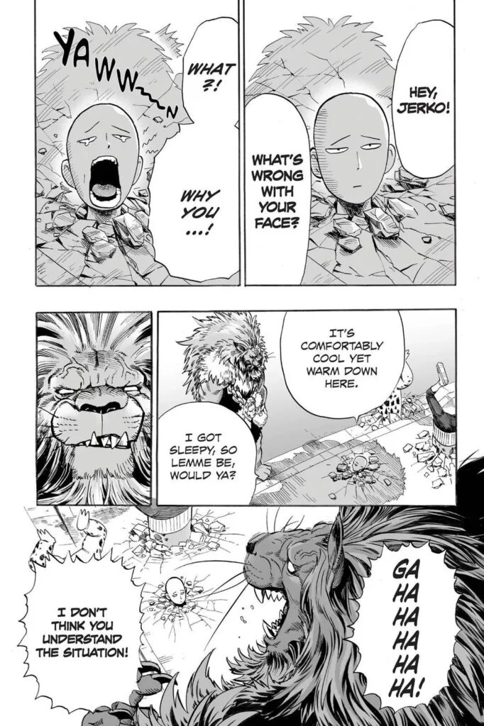 Saitama yawns while being buried neck deep. The lion monster laughs at him.