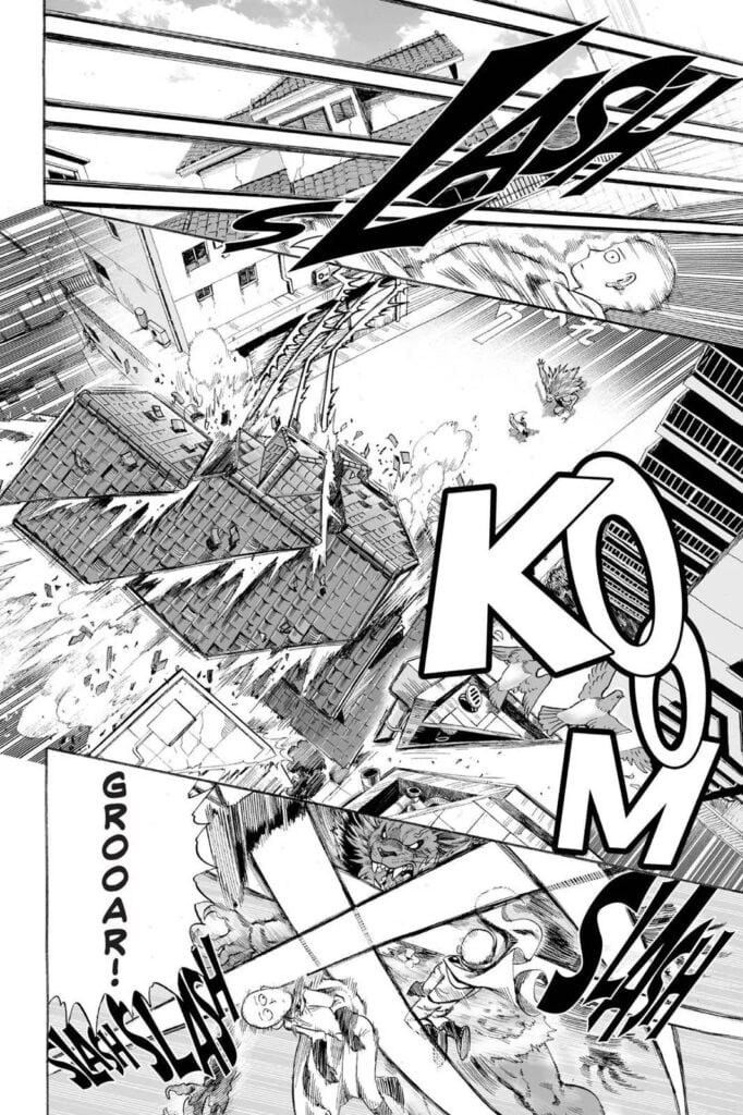 The lion slashes Saitama but missed him due Saitama dodging every attack. The buildings behind are destroyed.