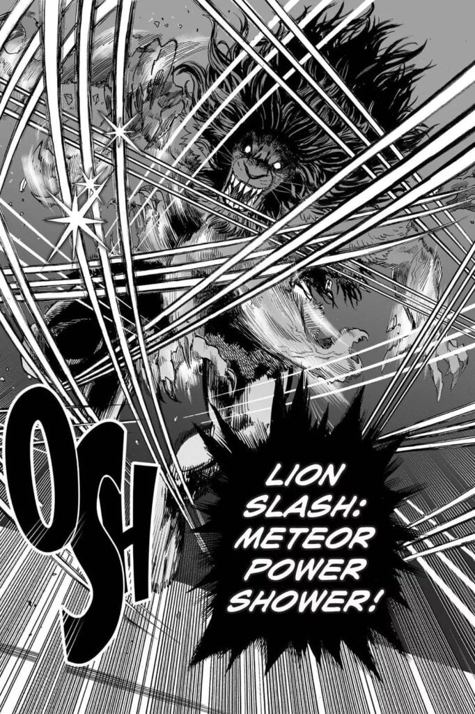 The terrifying Beast King attacks Saitama with series of slash called "Lion Slash: Meteor Power Shower!"