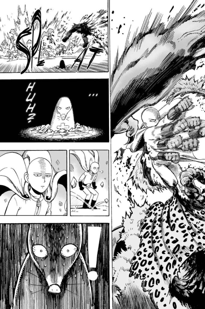 Saitama lands with both feet and a bored expression while the mole gets shocked seeing Beast King's defeat.