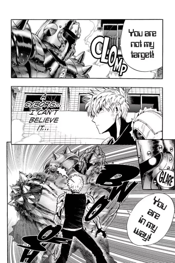 The robot cyborg attacks Genos first.