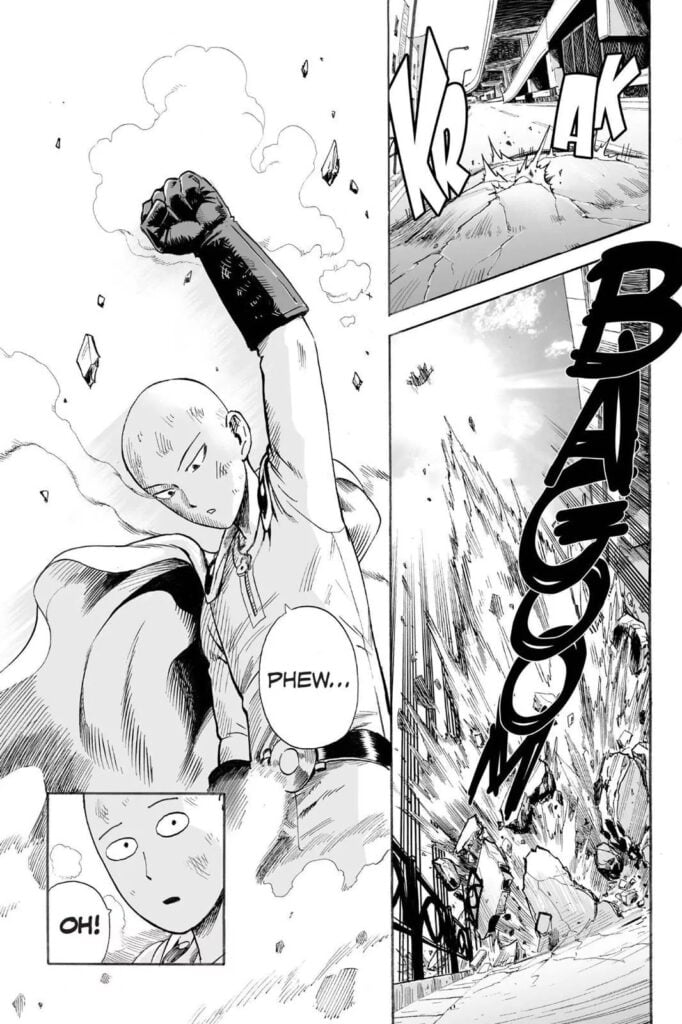 Saitama punched the mole blowing him sky high and destroying the ground in the process.