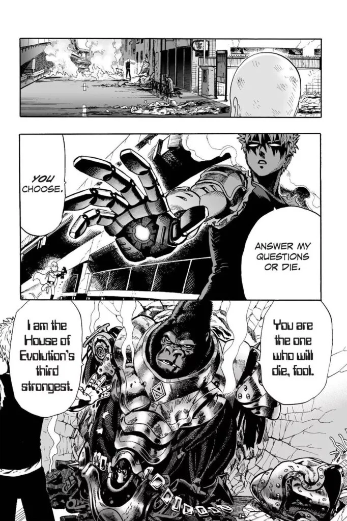 Genos aims his glowing hand beams to the cyborg robot that appears to be a gorilla after taking out its armor.