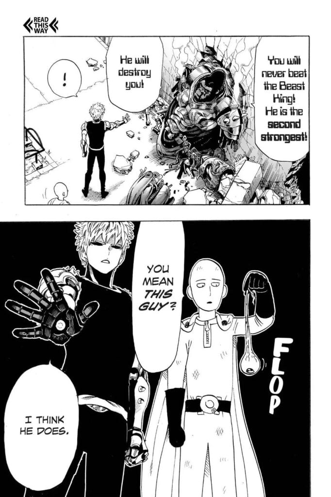 Saitama, holding Beast King's eye, stands beside Genos as he gathers energy for destroying the gorilla cyborg.