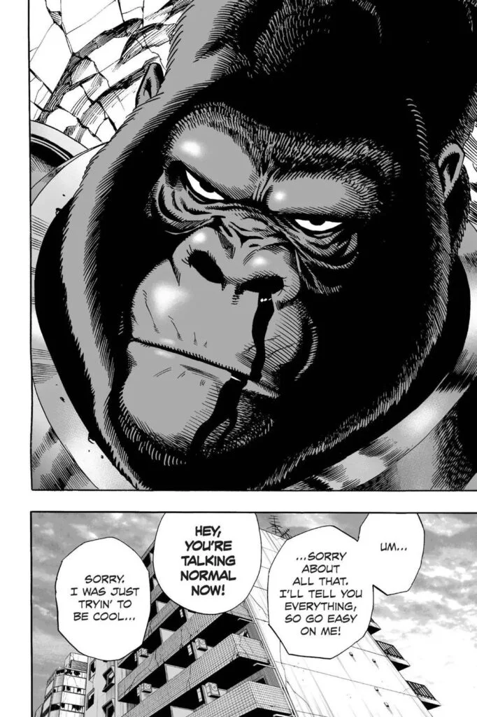 The gorilla started becoming friendly with Saitama and Genos and starts talking normally.