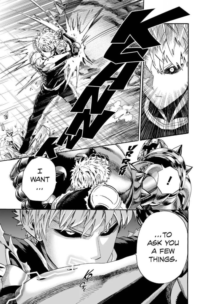 Genos blocks the attack and wants to ask the cyborg.