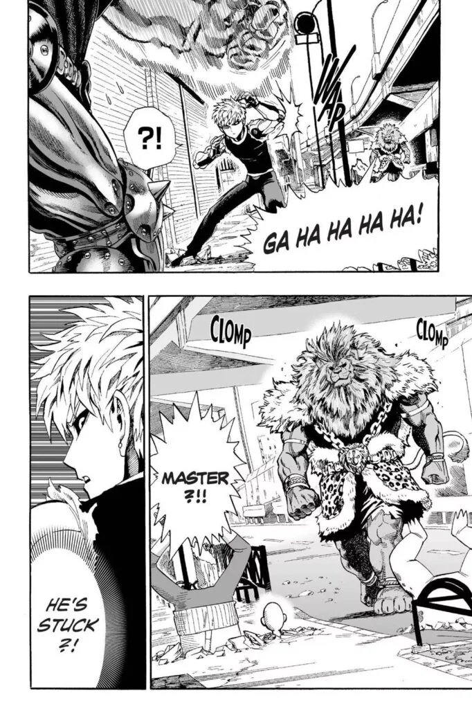 A human with the head of a lion appears while Genos fights the cyborg.