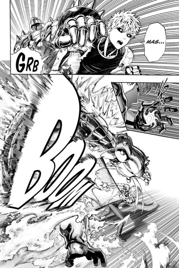 Genos blasts the robot cyborg so he can rescue Saitama.