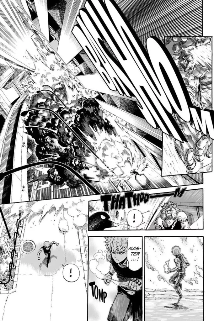 A huge explosion from Genos' blast rocks the city.