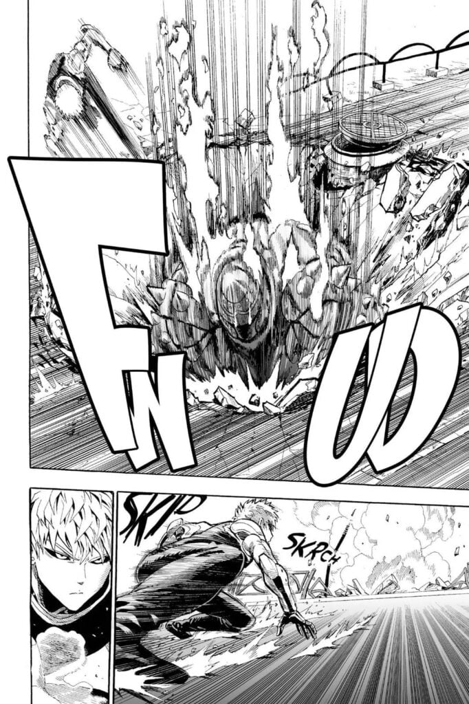 The robot reappears and attacks Genos from above. Genos dodges the attack with zero damage.