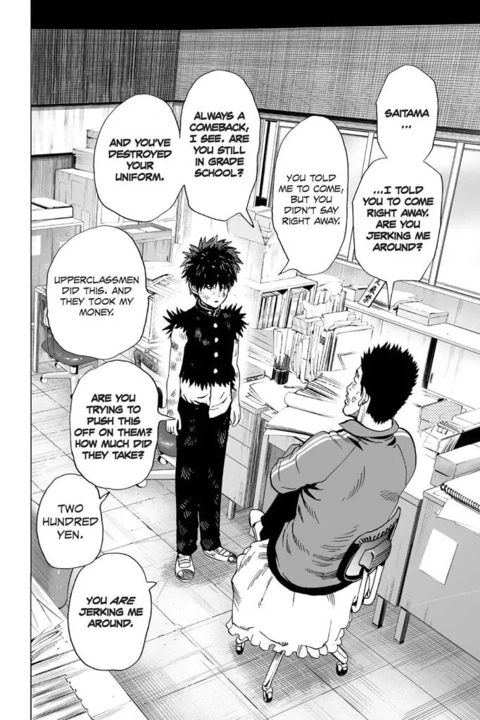 Saitama shows up to the staff room with his shredded uniform and asked by his school teacher for not making his homework.