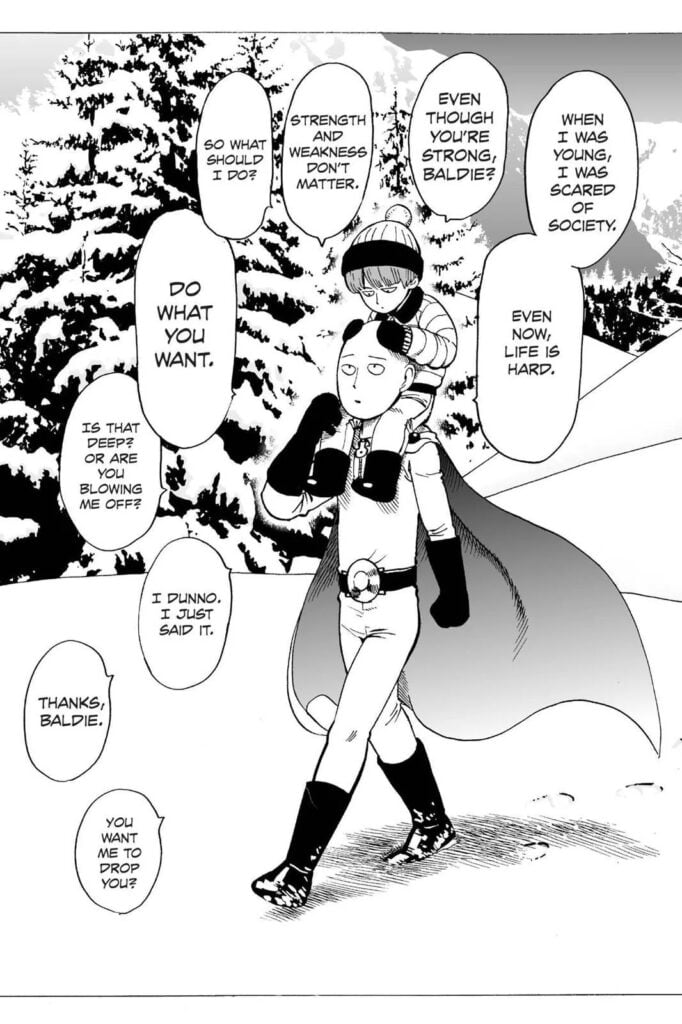 Saitama walking on the snow with a kid sitting on his shoulders. This time, Saitama is wearing his cape baldy uniform and his hair is gone.