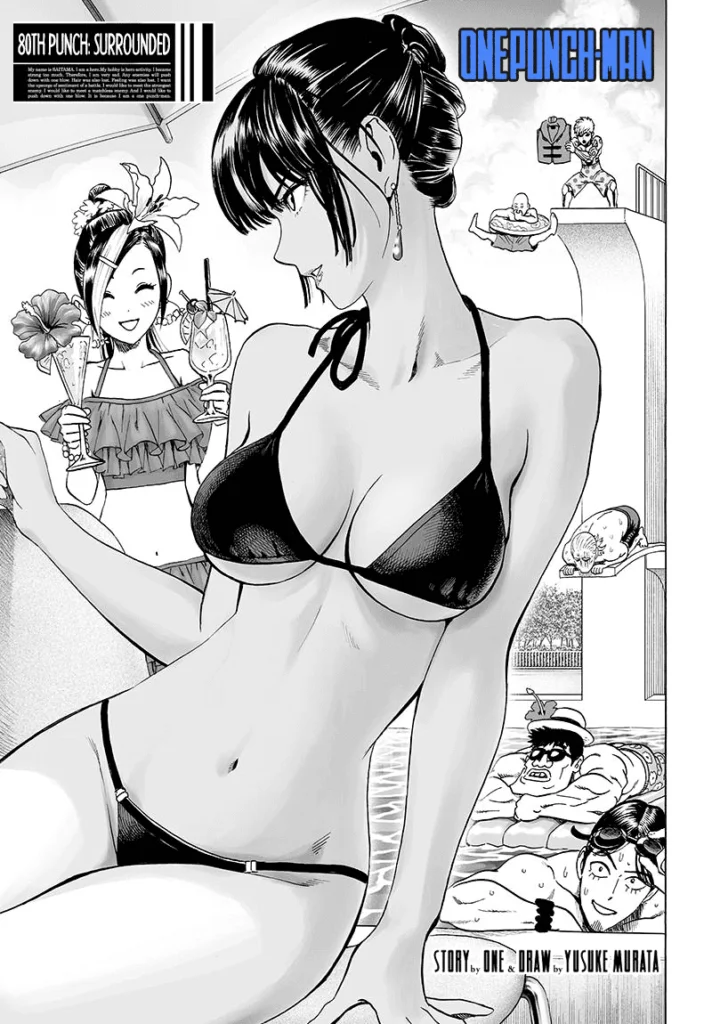 A sexy Fubuki in a bikini sits down while a lady behind him brings cocktails, and some men swim in the pool behind.