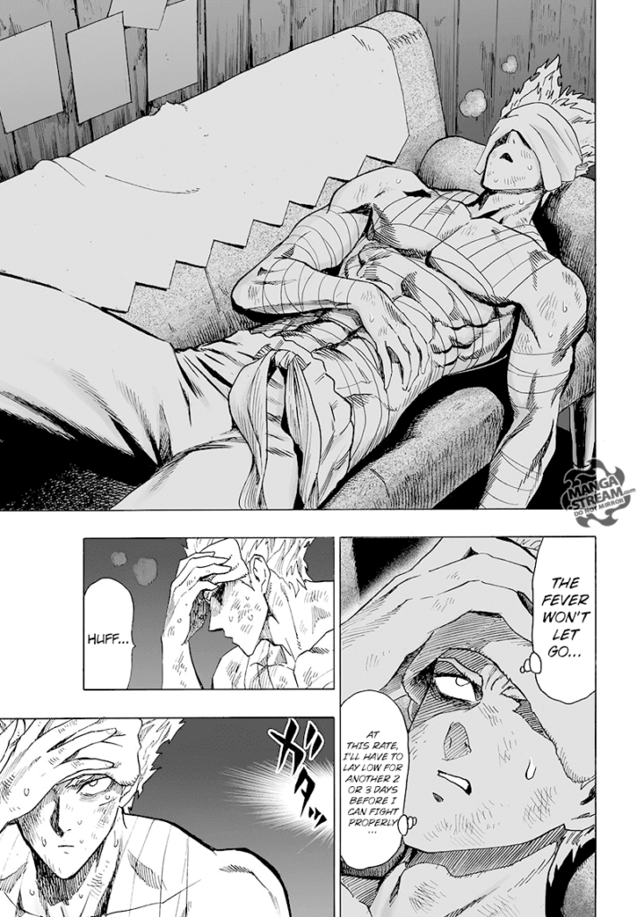 Garou is lying on a sofa while having a fever. His body is bruised and covered in bandages.