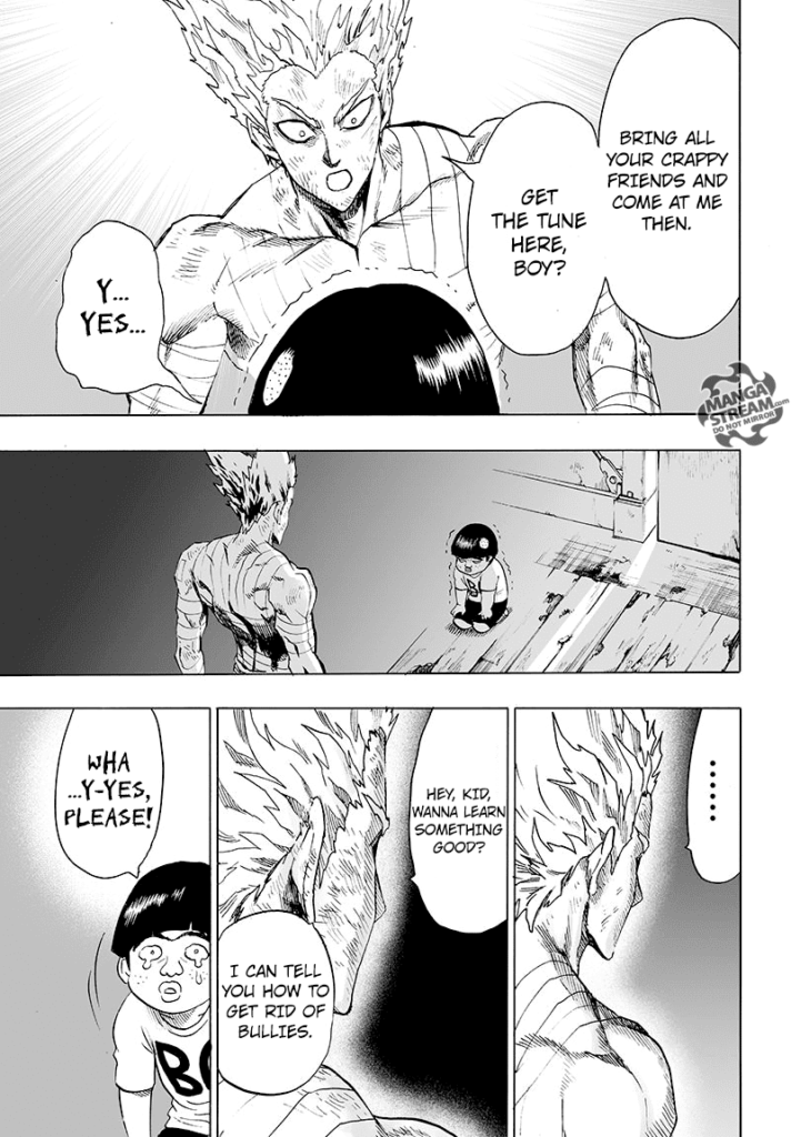 The kid kneels in front of Garou while crying. Garou tells Tareo how to get rid of his bullies.