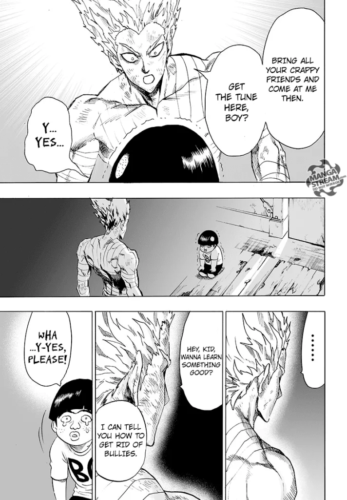 The kid kneels in front of Garou while crying. Garou tells Tareo how to get rid of his bullies.