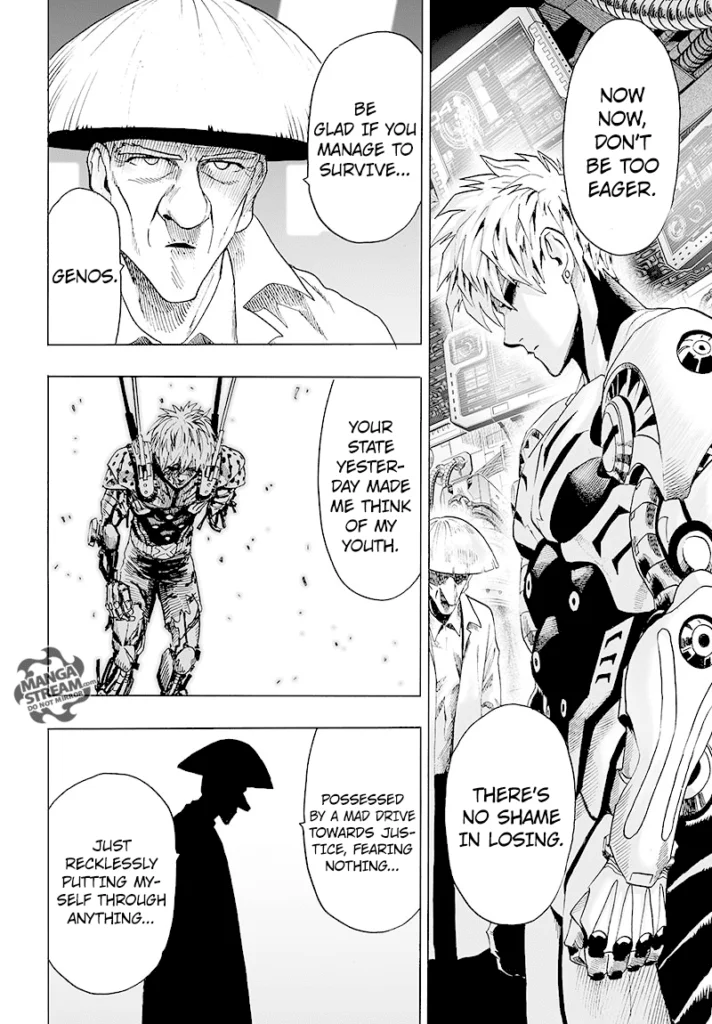 Dr. Kuseno advises Genos not to push too much after seeing his damaged state, which reminds him of his reckless youth.