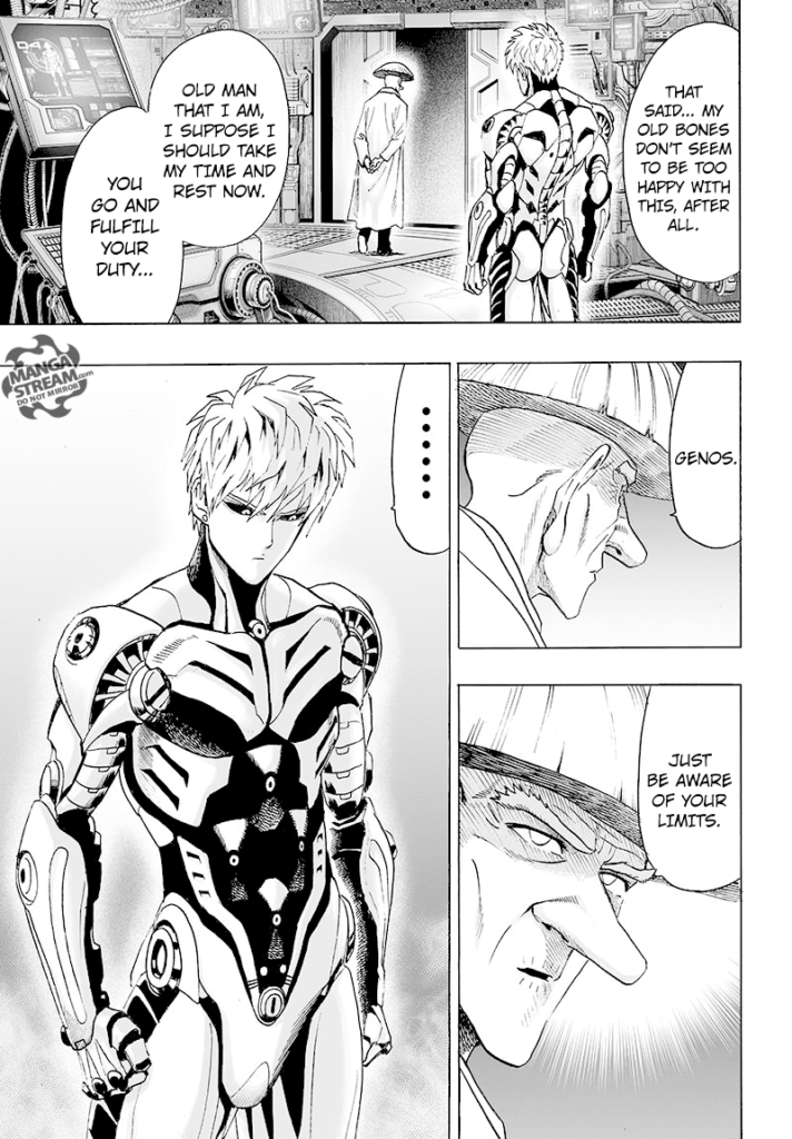 Dr. Kuseno starts walking into his room and looks at Genos, who is standing to be aware of his limits.