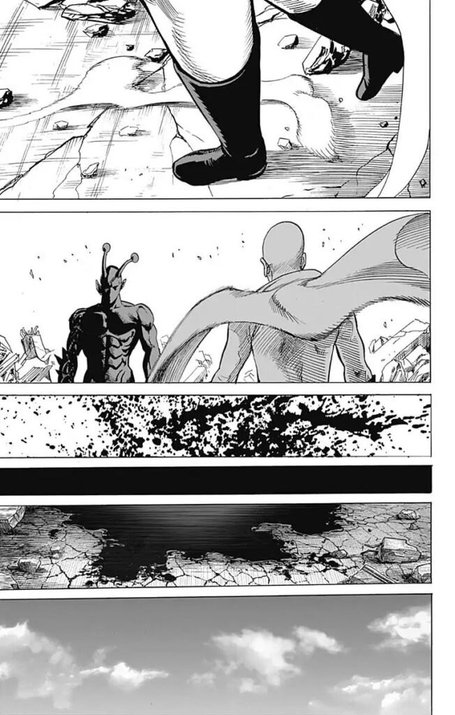 Saitama and the monster enemy face-off, surrounded by rubbles.