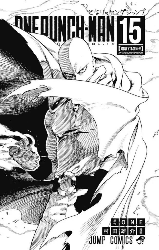 Serious Saitama clenches his smoking fist while his cape covers some parts of his body due to the wind.