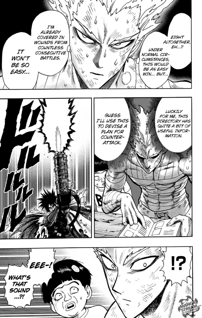 Garou, sweating, analyzes the situation to devise a plan for an attack, but Death Gatling starts firing, which surprises him.