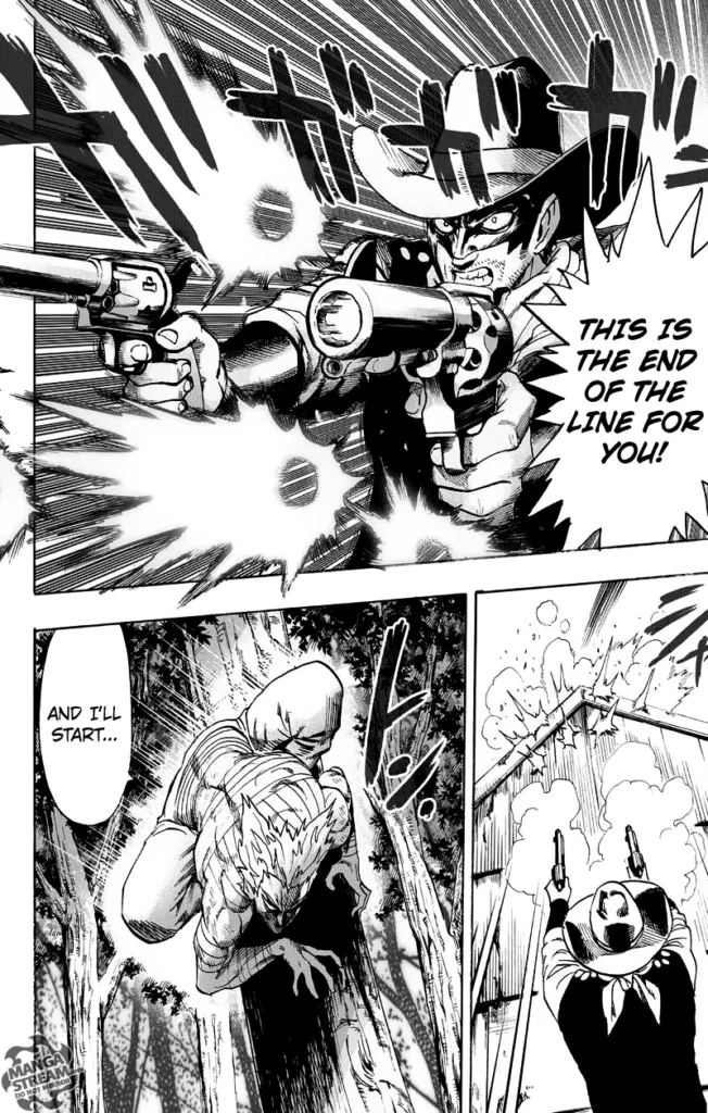 Hero Gun Gun shoots at Garou with his pistols. Garou dodges and jumps to a tree trunk, crouching for a counterattack.