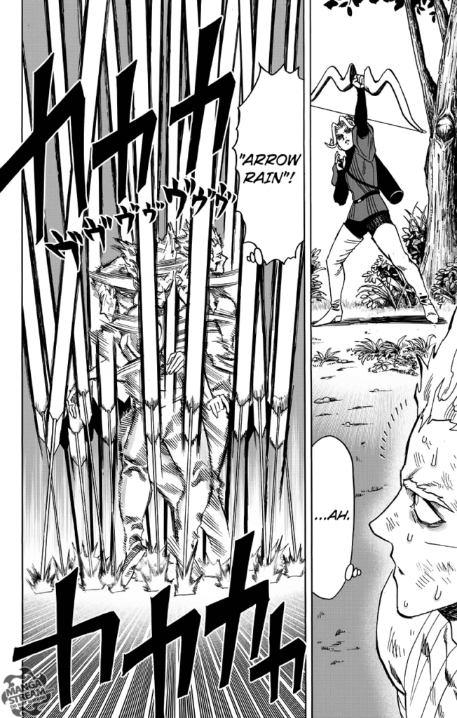 Garou looks at Shooter shooting arrows in the sky. Garou immediately dodges as arrows fall towards him.