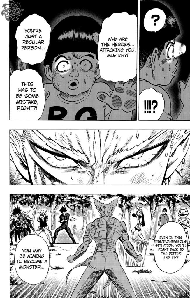 The kid Tareo is sweating and confused as he watches the heroes attacking Garou, whom he thinks is a regular person.