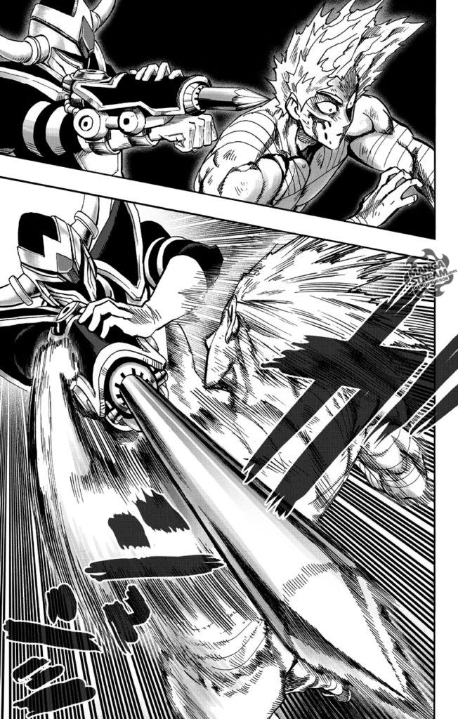 Wild Horn suddenly appears behind Garou with his spear, but Garou notices dodges, turns around, and counters with a punch.