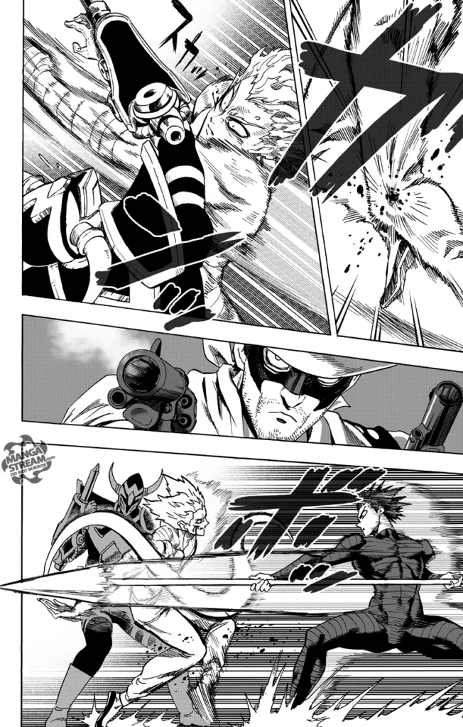 Garou misses his attack as Gun Gun hits him in his feet. Stinger attacks Garou with his pointed lance again.