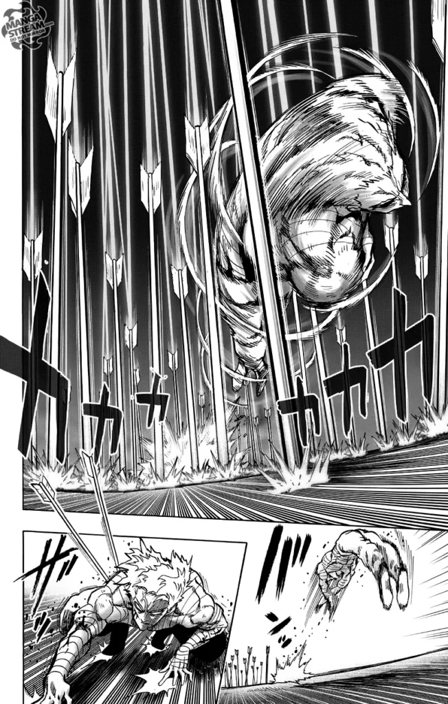 Garou flips and dodges the arrows and crouches as two arrows hit his right body.