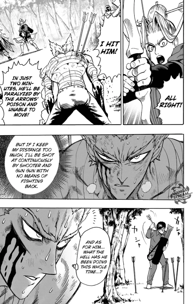 Shooter tells everyone that Garou will be paralyzed in two minutes. Garou analyzes the situation and sees Glasses.