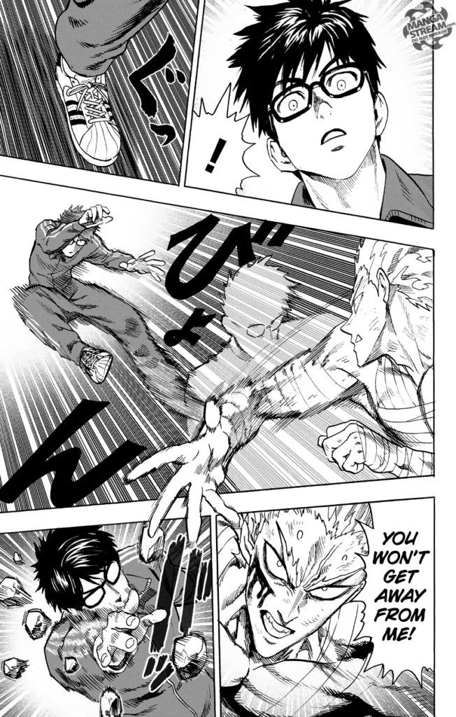 Glasses notices and jumps backward before Garou can snatch him. Glasses throws stones at Garou.