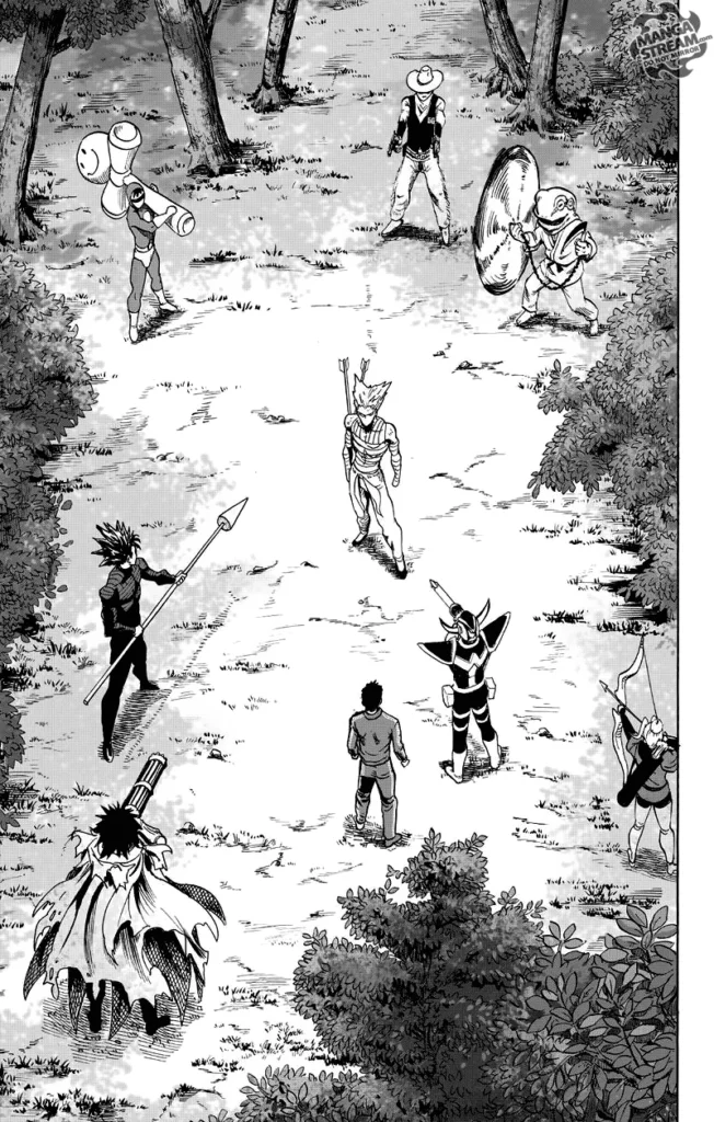 The eight heroes now surround Garou. They point all their weapons at him while trees grow around them.