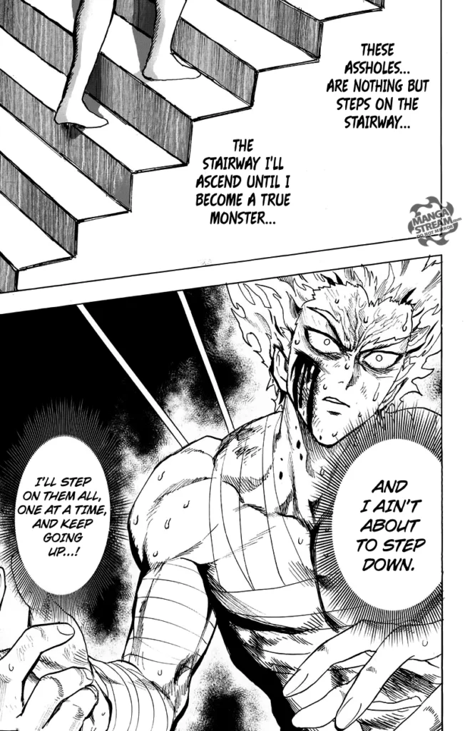 Garou sees this as an opportunity to walk up the stairs and become a true monster.