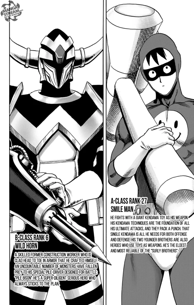 Information about A-Class Rank 27 Smile Man holding a giant hammer and B-Class Rank 6 Wild Horn with his pointed spear.