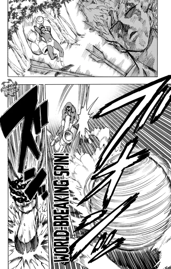 Garou taps his foot after seeing Smile Man attack him with a spinning sphere.