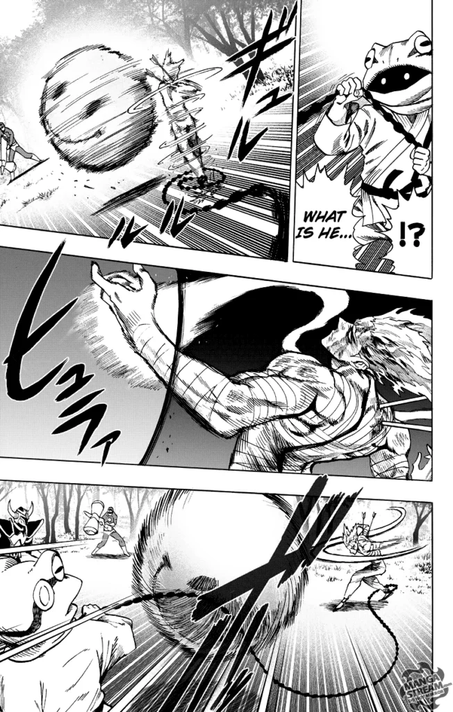 The heroes watch Garou as he deflects the giant smile sphere with his arms.