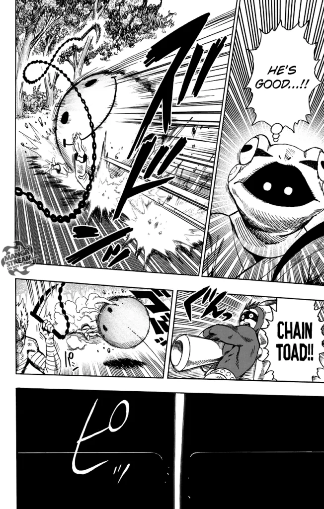 Chain Toad gets run over by the huge smile sphere as Garou grabs his sickle.