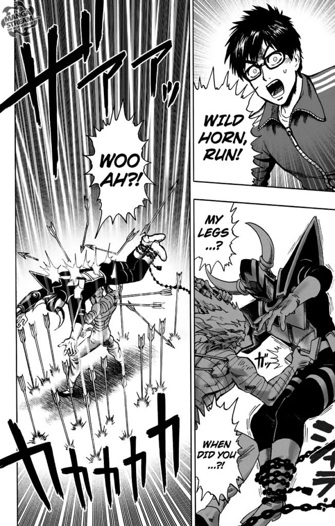 Glass tells Wild Horn to run as Garou holds him and lifts him up as a shield against the falling arrows.
