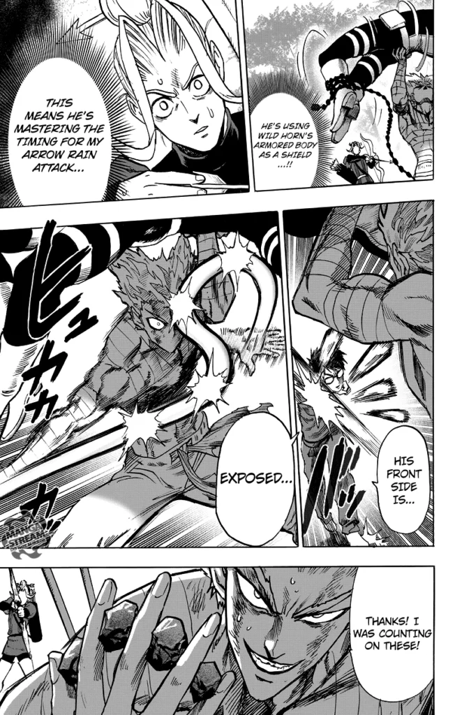 Shooter is surprised that Garou uses Wild Horn's armored body as a shield. Garou catches the pebbles from Glasses.