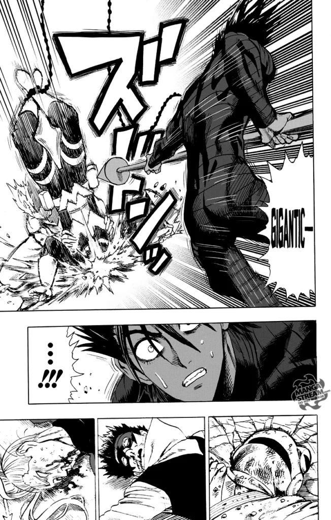 Garou smashes Wild Horn headfirst on the ground, and Sting looks surprised after seeing the defeated heroes.