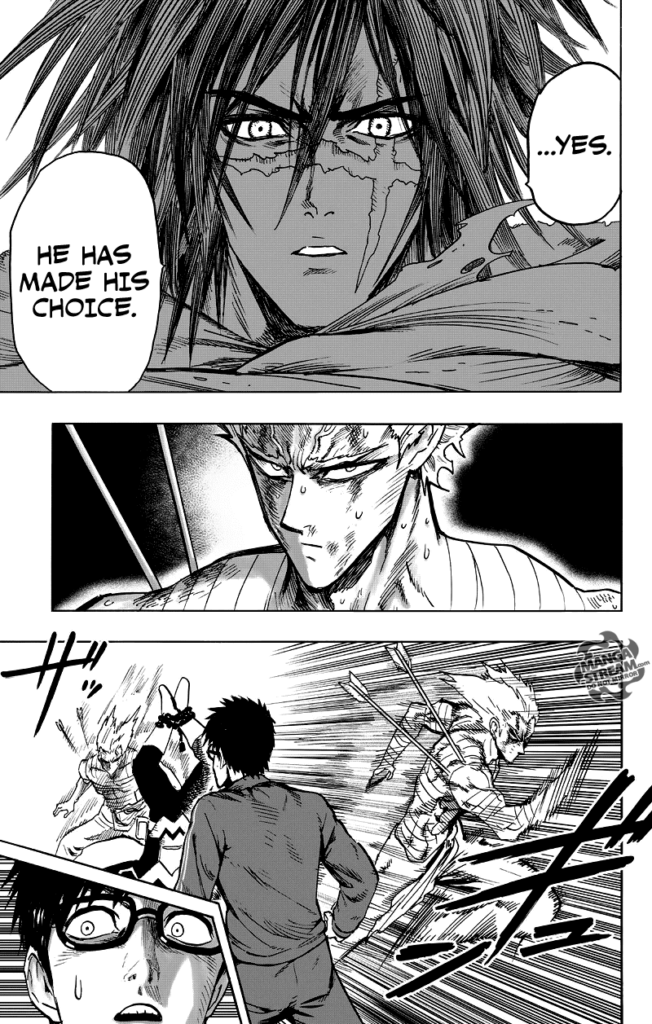 Death Gatling looks very serious about Garou's choice. Garou swiftly runs past Glasses.