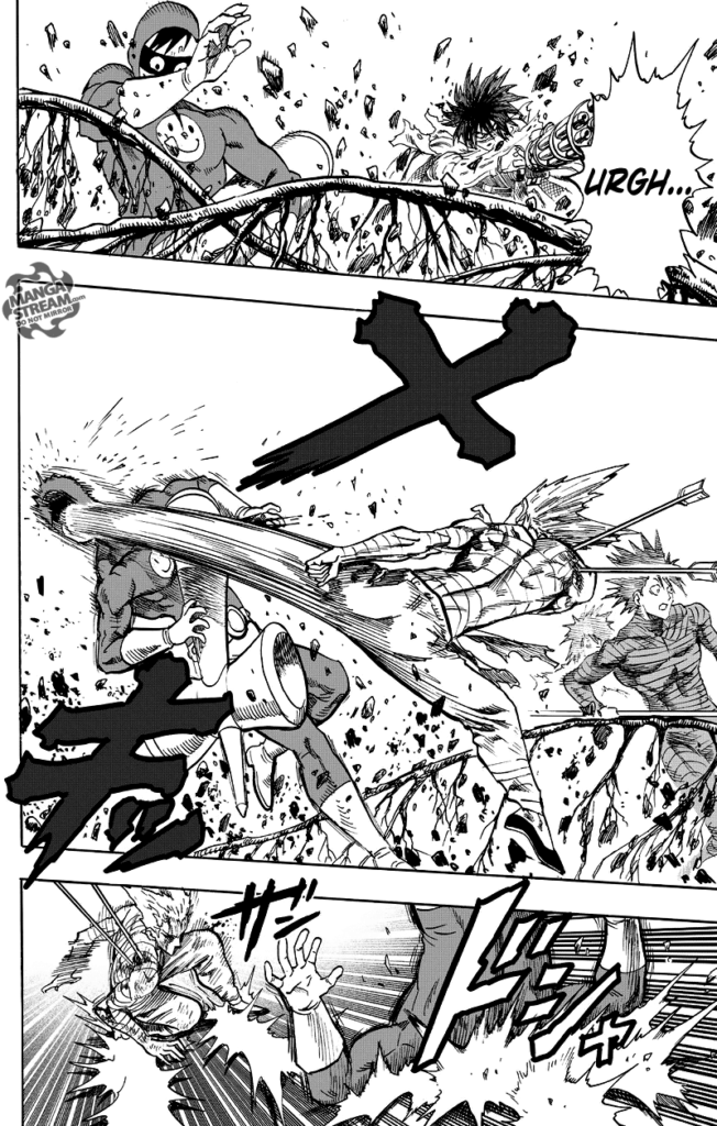 The heroes are distracted by the tree roots, and Garou kicks Smile Man in his face.