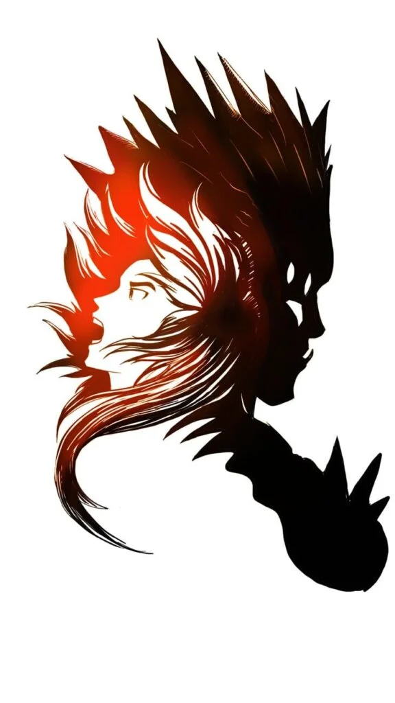 A fan art back to back with a monster's silhouette on the right and a woman on the left.