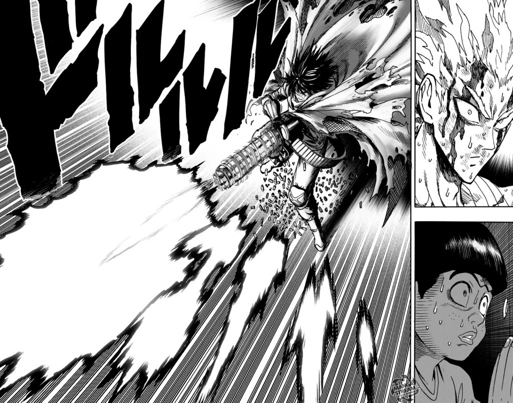 Death Gatling fires a barrage of machine guns as Garou and Tareo, who are inside the wooden shed, look at him.