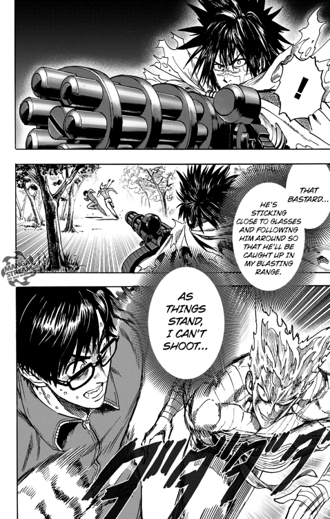 Death Gatling stops firing as Garou chases Glasses.