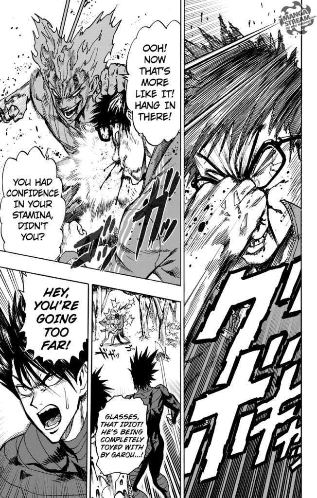 Garou punches Glasses in his face while Stinger watches the scene with concern.